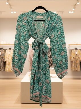 Natalie Martin Silk Tie-Waist Dress - Teal/Pink Floral Print - Size Small